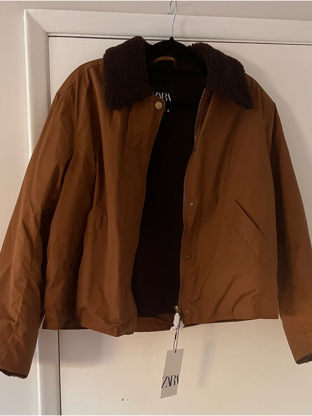 ZARA Brown Bomber Jacket with Dark Sherpa Collar